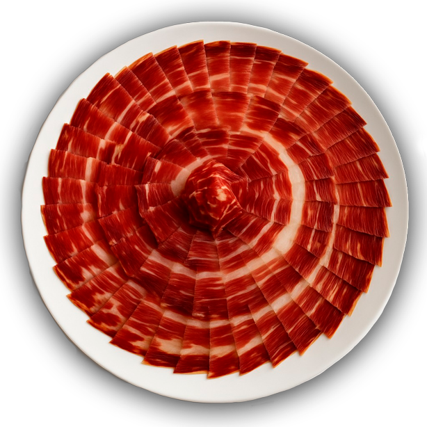 Plato con jamón ibérico cortado en trozos y ordenados en espiral. Servicio de cortadores de jamón de MSC